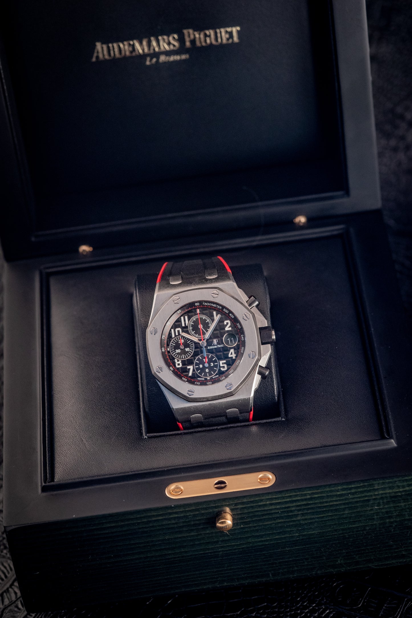 Audemars Piguet Royal Oak Offshore Chronograph 26470ST.OO.A101CR.01 “VAMPIRE” Black Dial Red Accents Chronograph Stainless Steel 42mm Box And Papers