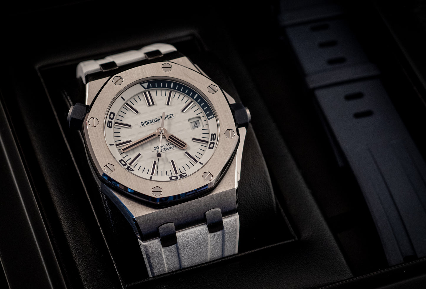 Audemars Piguet Royal Oak Offshore Diver White Dial Additional Blue Strap Box And Papers Ref 15710ST.OO.A010CA.01