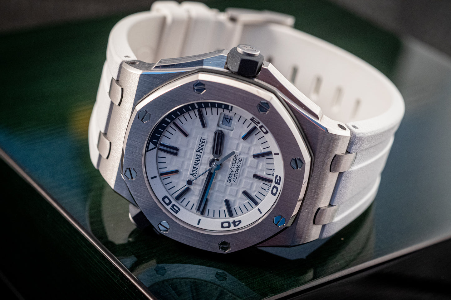 Audemars Piguet Royal Oak Offshore Diver White Dial Additional Blue Strap Box And Papers Ref 15710ST.OO.A010CA.01