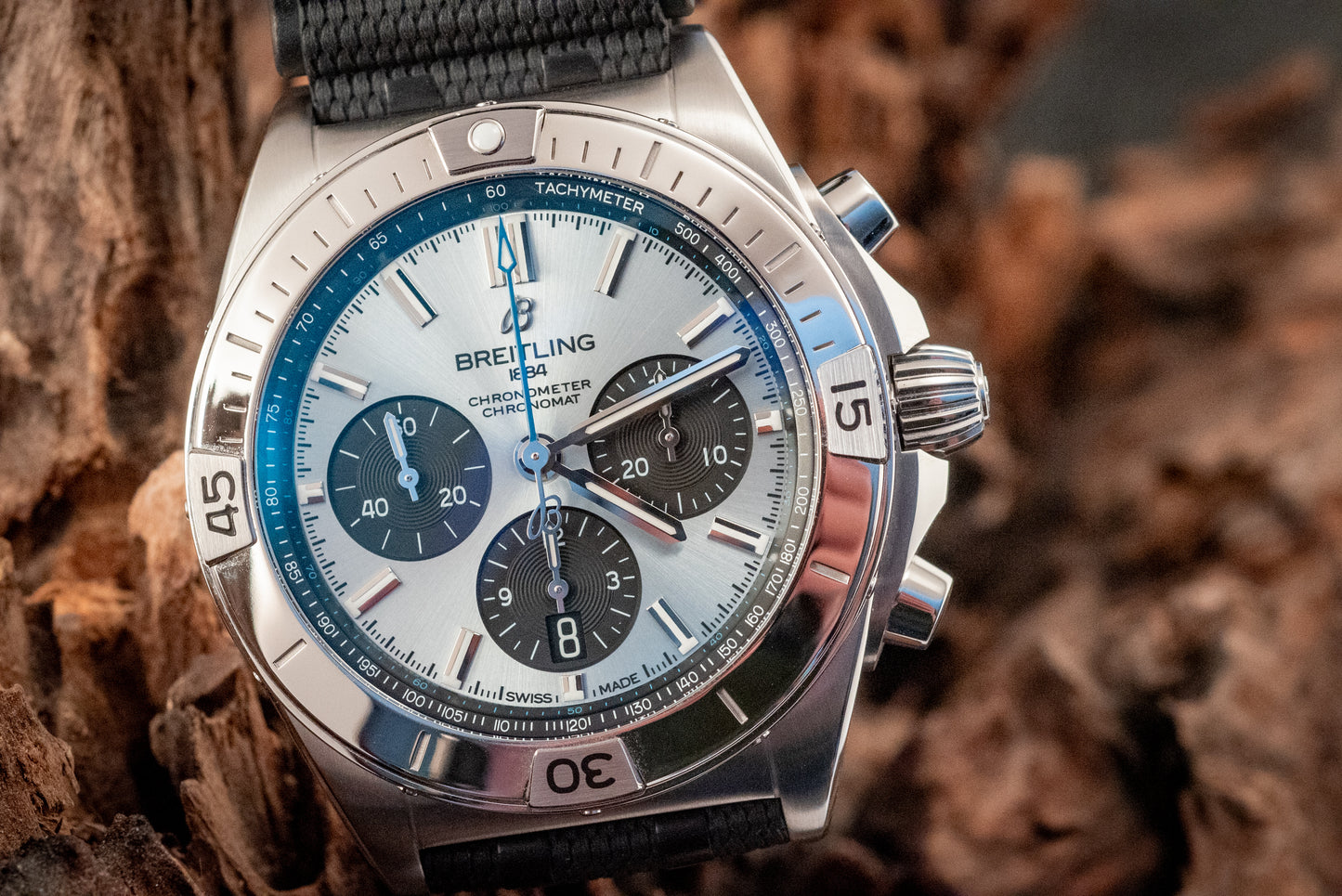 Breitling 2023 Chronomat B01 Super Chrono Ice Blue Platinum Bezel PB0134101C1S1 Box And Papers