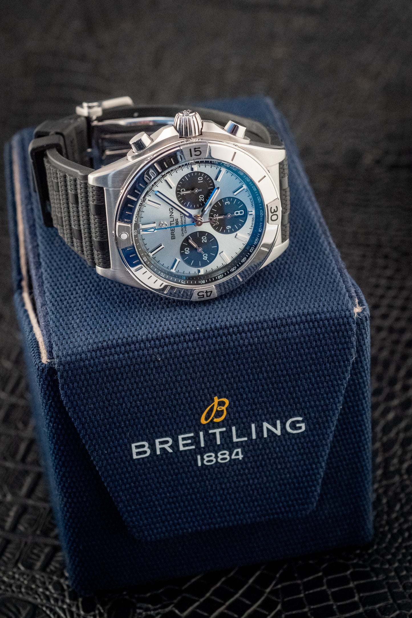 Breitling 2023 Chronomat B01 Super Chrono Ice Blue Platinum Bezel PB0134101C1S1 Box And Papers