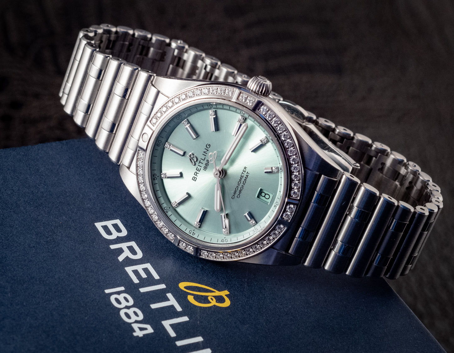 Breitling Chronomat 36MM Stainless Green Dial Diamonds Box Papers And Purchase Receipt Ref A10380591L1A1