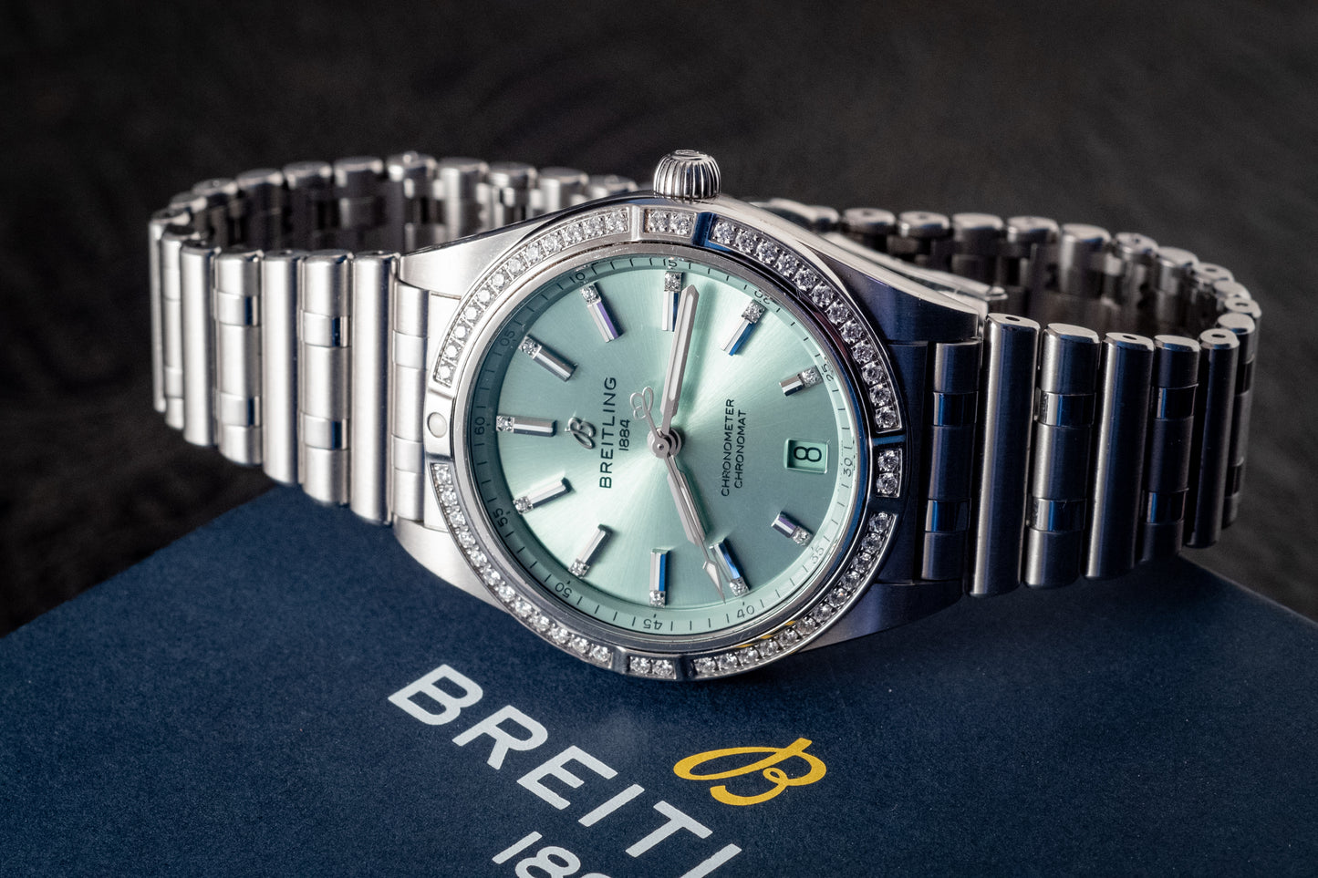Breitling Chronomat 36MM Stainless Green Dial Diamonds Box Papers And Purchase Receipt Ref A10380591L1A1