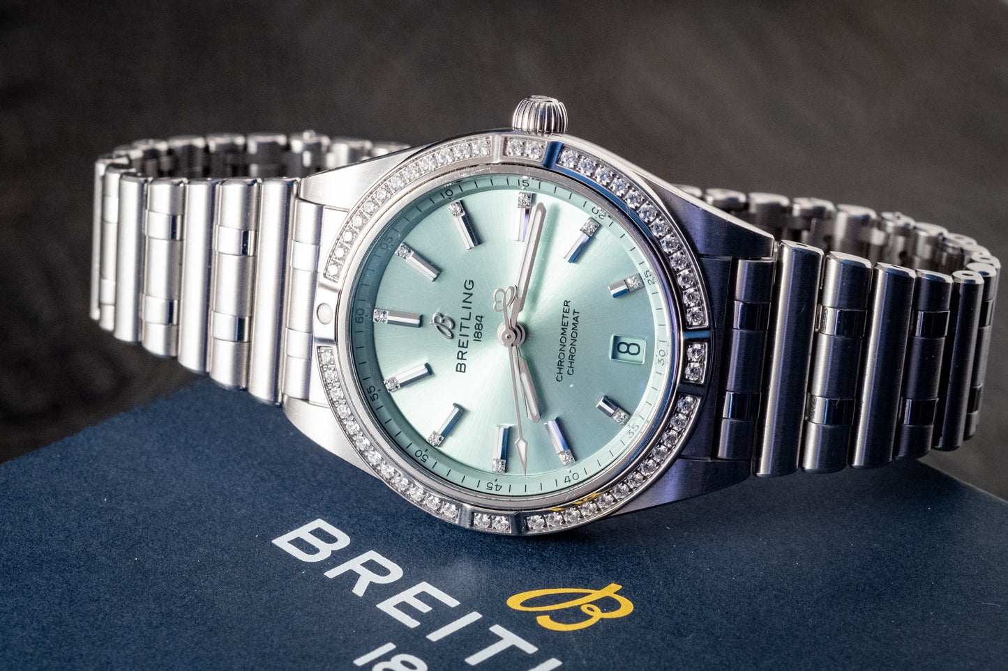 Breitling Chronomat 36MM Stainless Green Dial Diamonds Box Papers And Purchase Receipt Ref A10380591L1A1