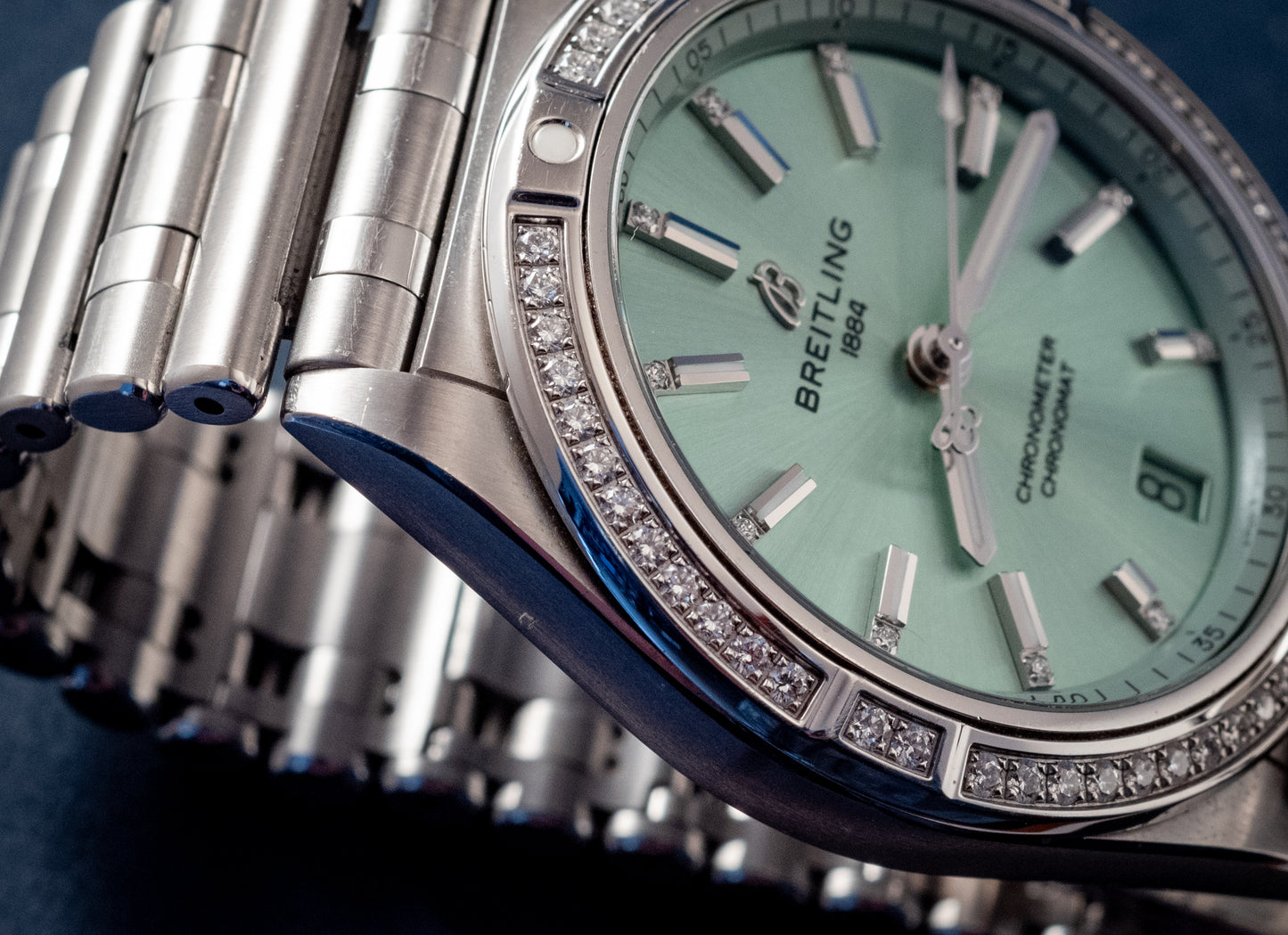 Breitling Chronomat 36MM Stainless Green Dial Diamonds Box Papers And Purchase Receipt Ref A10380591L1A1