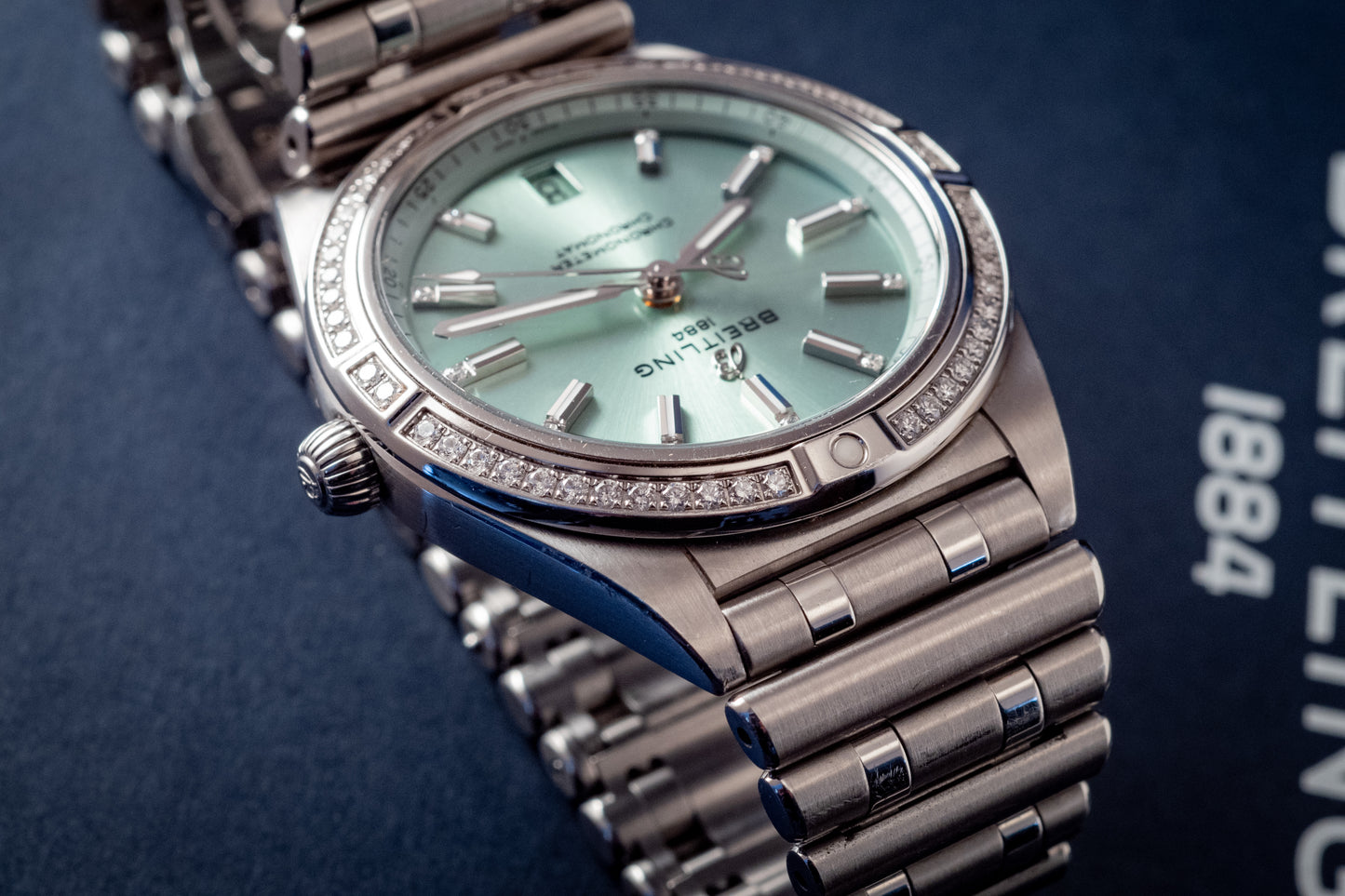 Breitling Chronomat 36MM Stainless Green Dial Diamonds Box Papers And Purchase Receipt Ref A10380591L1A1