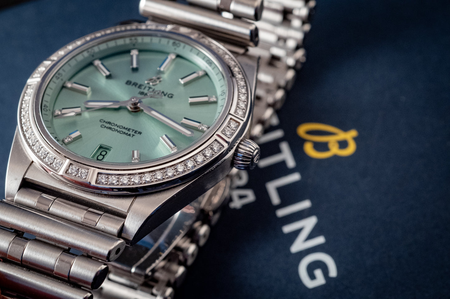 Breitling Chronomat 36MM Stainless Green Dial Diamonds Box Papers And Purchase Receipt Ref A10380591L1A1