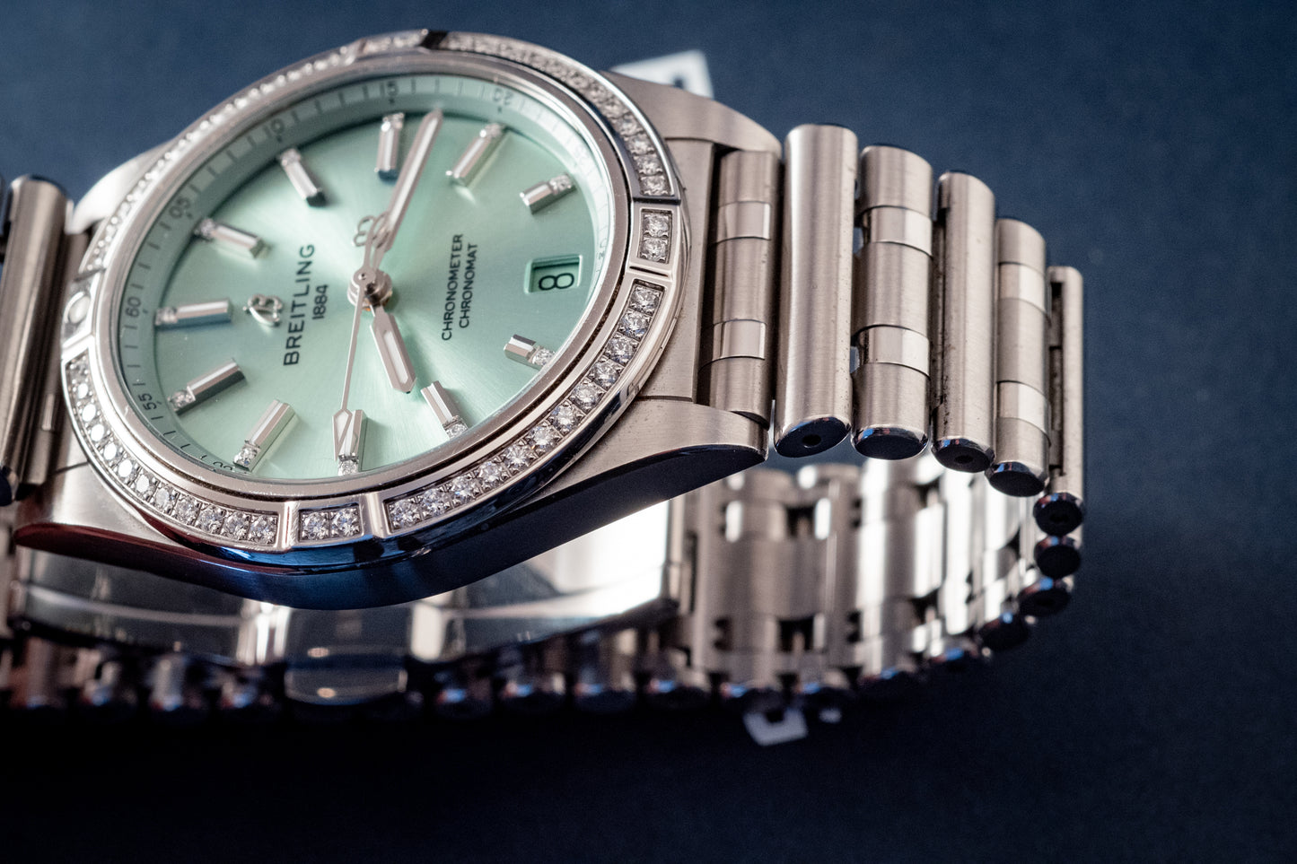 Breitling Chronomat 36MM Stainless Green Dial Diamonds Box Papers And Purchase Receipt Ref A10380591L1A1