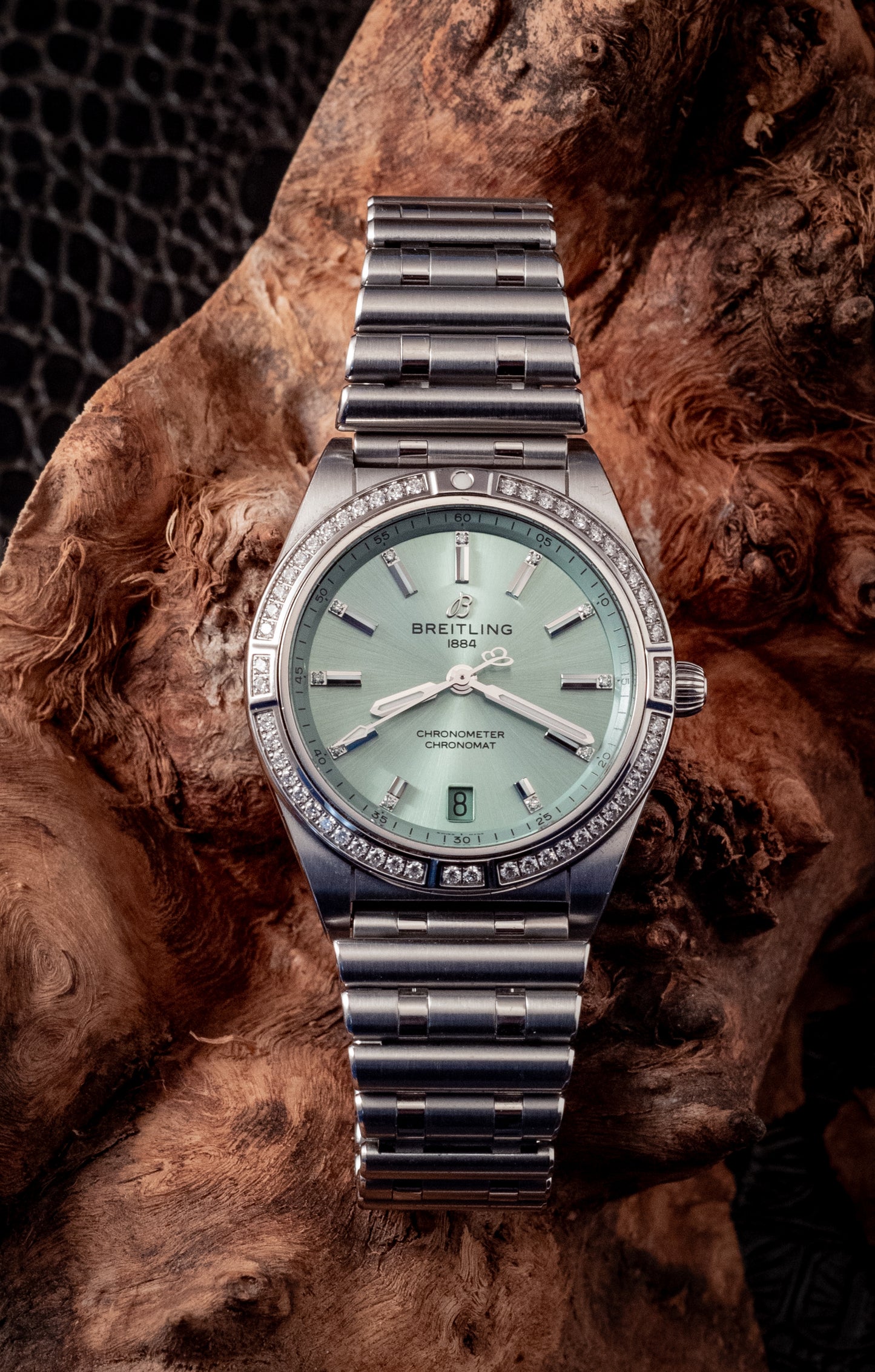 Breitling Chronomat 36MM Stainless Green Dial Diamonds Box Papers And Purchase Receipt Ref A10380591L1A1