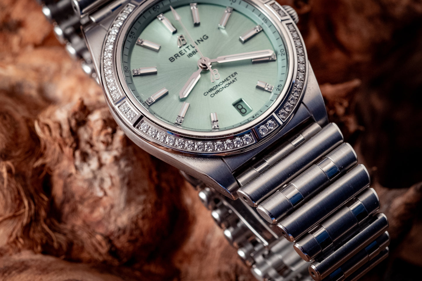 Breitling Chronomat 36MM Stainless Green Dial Diamonds Box Papers And Purchase Receipt Ref A10380591L1A1