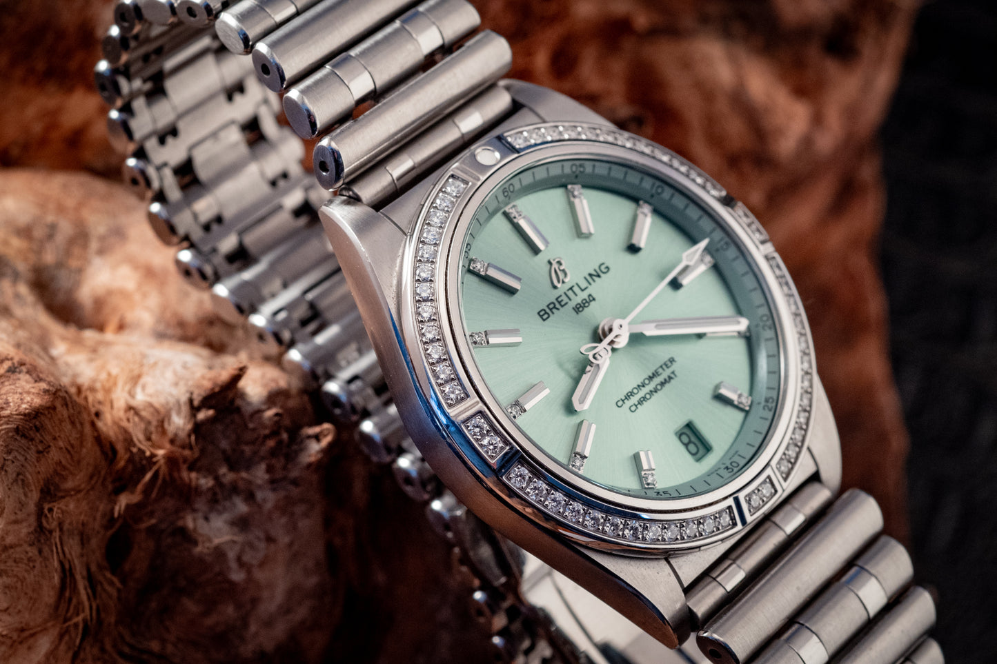 Breitling Chronomat 36MM Stainless Green Dial Diamonds Box Papers And Purchase Receipt Ref A10380591L1A1