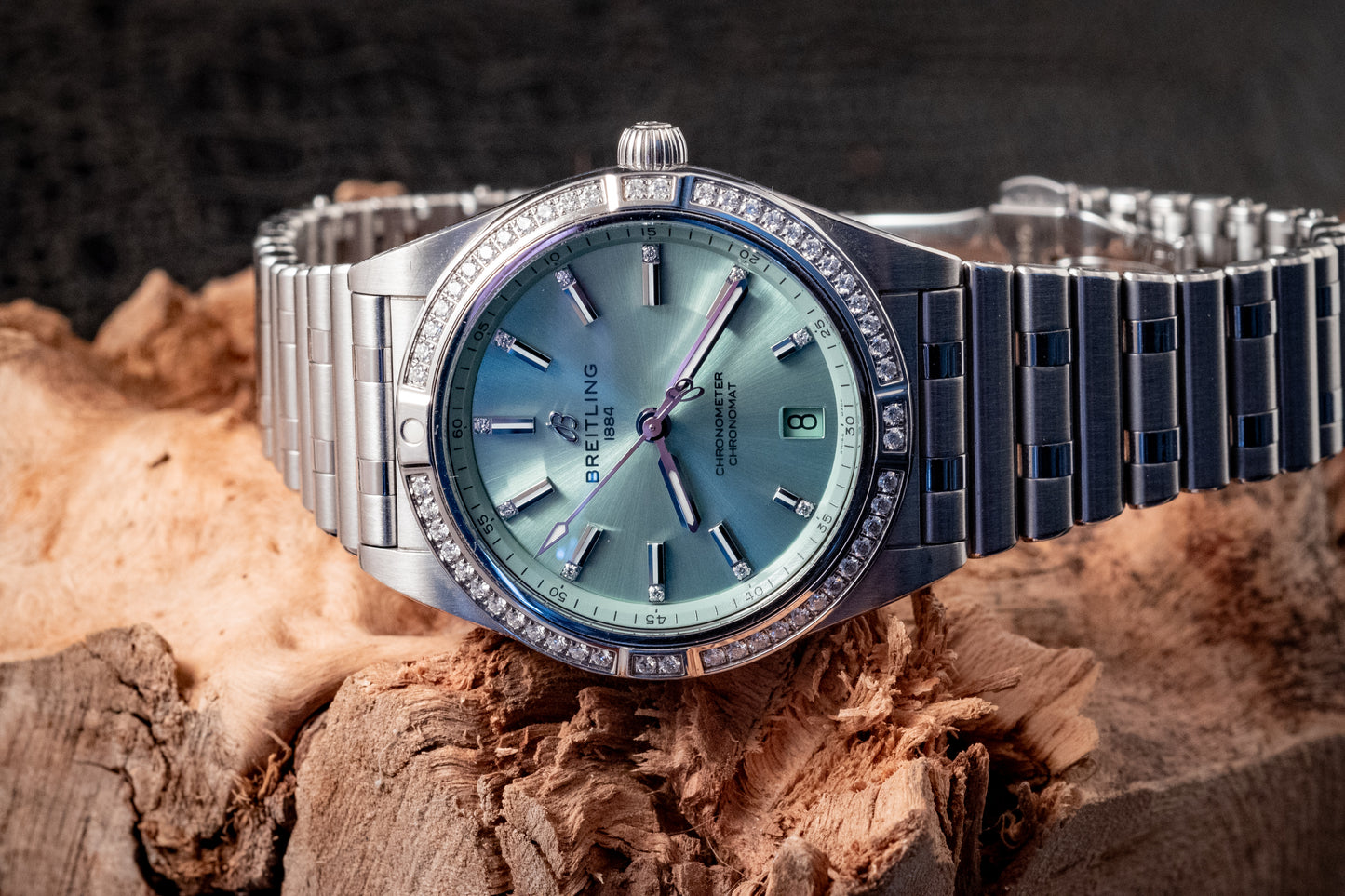 Breitling Chronomat 36MM Stainless Green Dial Diamonds Box Papers And Purchase Receipt Ref A10380591L1A1