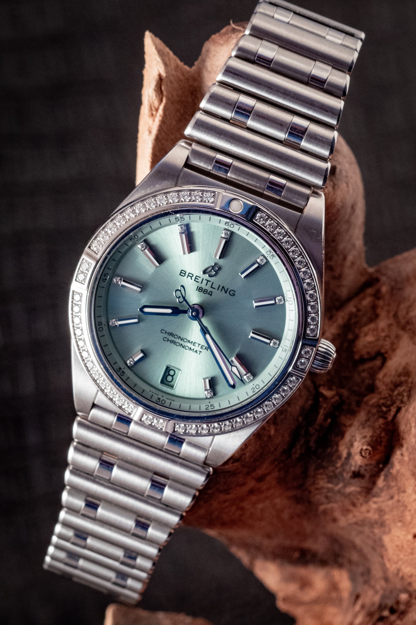 Breitling Chronomat 36MM Stainless Green Dial Diamonds Box Papers And Purchase Receipt Ref A10380591L1A1