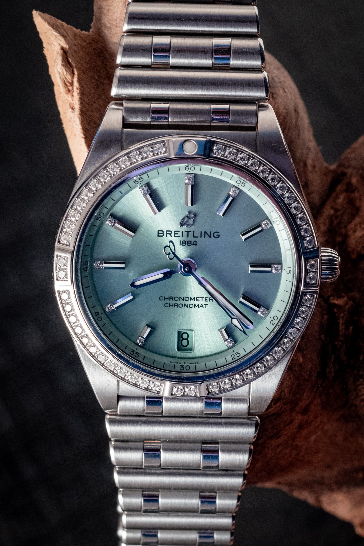 Breitling Chronomat 36MM Stainless Green Dial Diamonds Box Papers And Purchase Receipt Ref A10380591L1A1