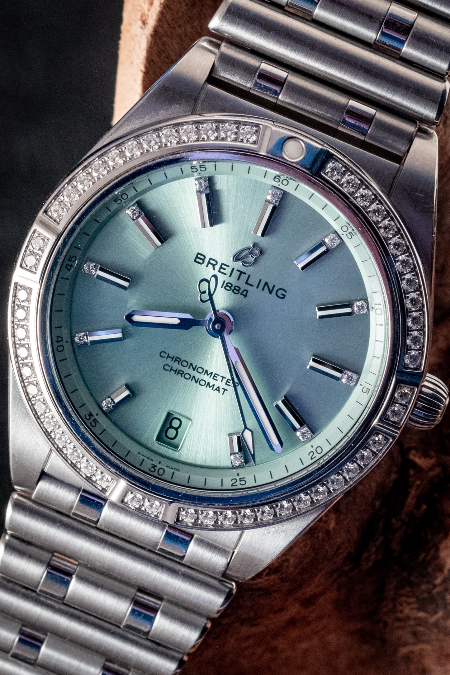 Breitling Chronomat 36MM Stainless Green Dial Diamonds Box Papers And Purchase Receipt Ref A10380591L1A1