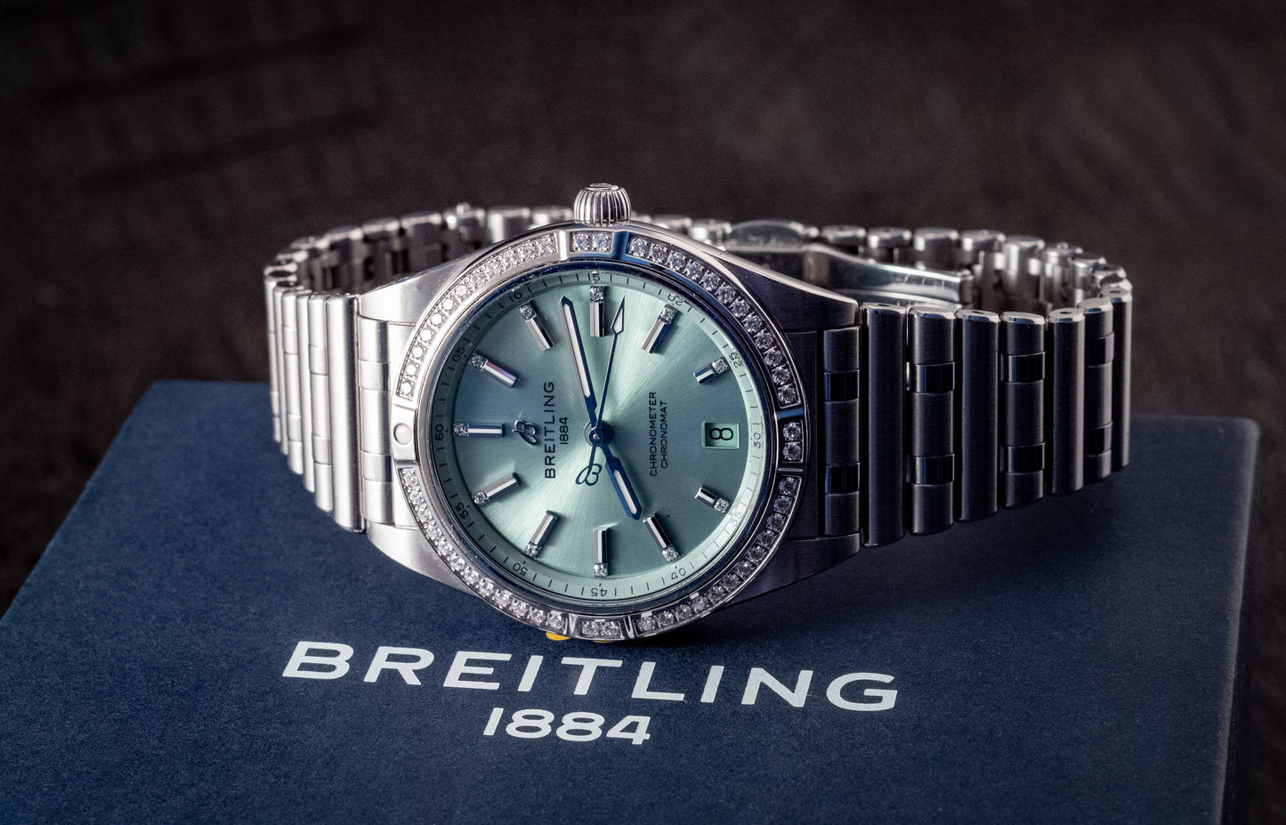 Breitling Chronomat 36MM Stainless Green Dial Diamonds Box Papers And Purchase Receipt Ref A10380591L1A1