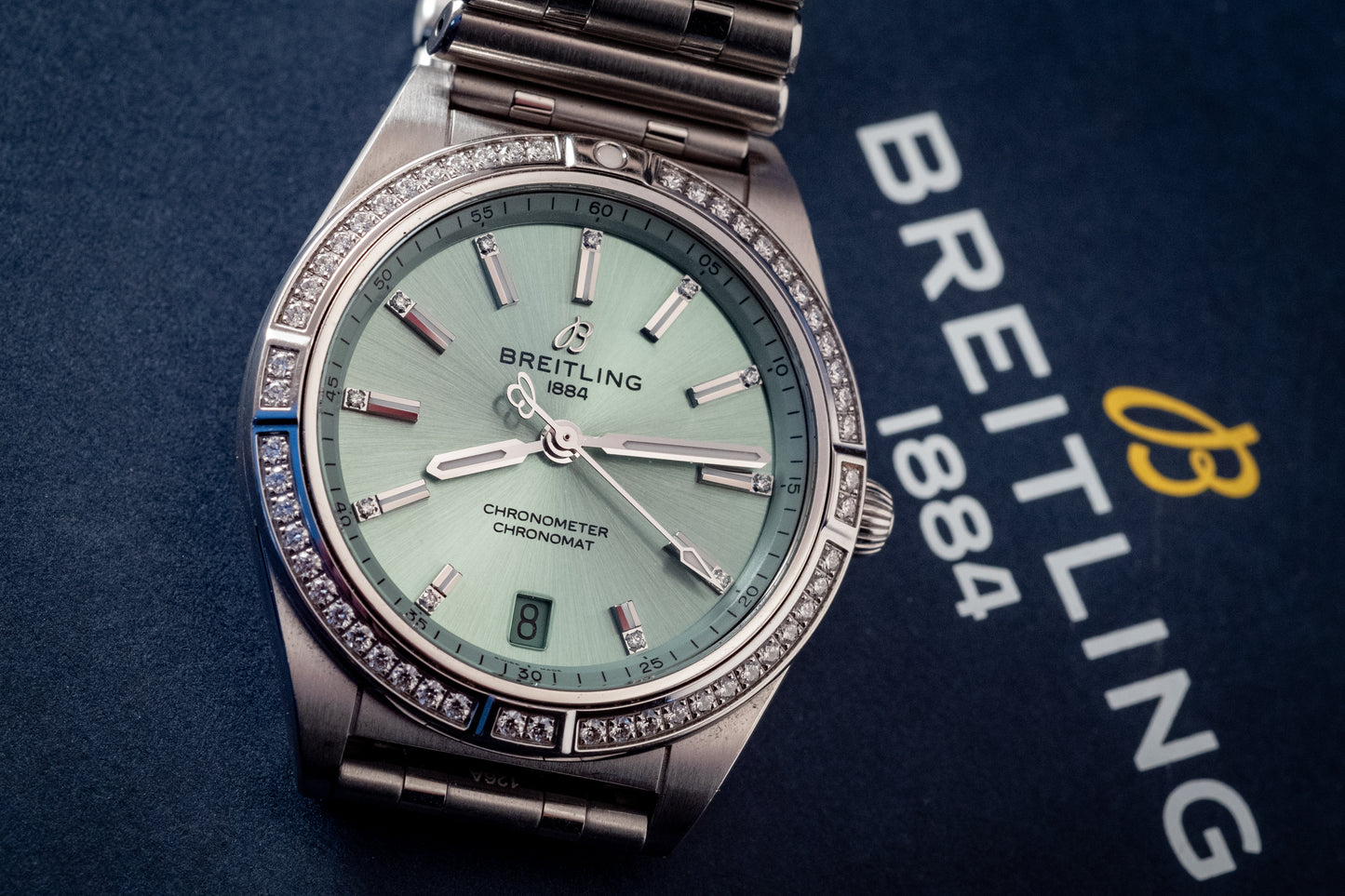 Breitling Chronomat 36MM Stainless Green Dial Diamonds Box Papers And Purchase Receipt Ref A10380591L1A1