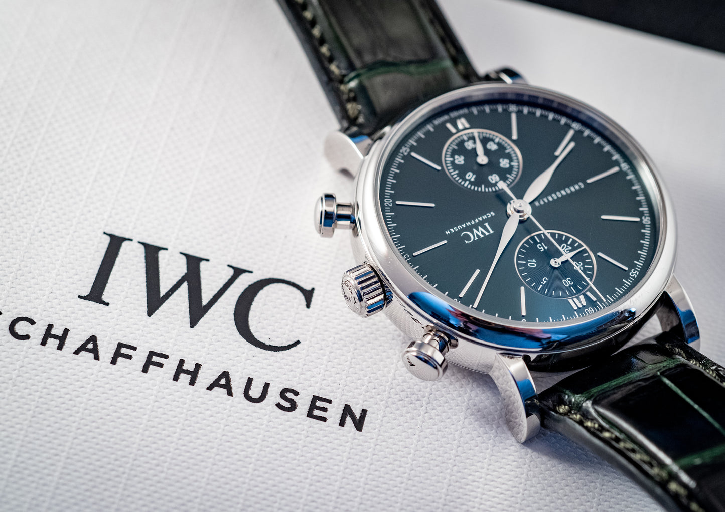 IWC Portofino 2022 Chronograph Green Dial 39MM Warranty Unti 4/2030 Box And Papers Ref IW391405