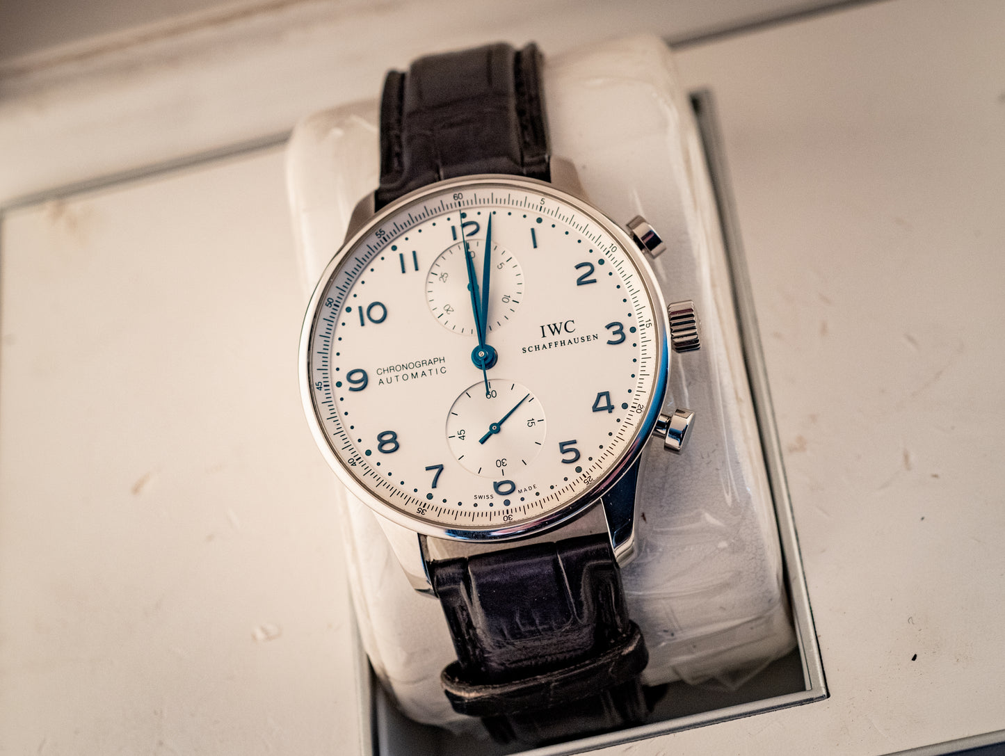 IWC Portuguese Chronograph Black Strap Box And Papers Ref IW371446