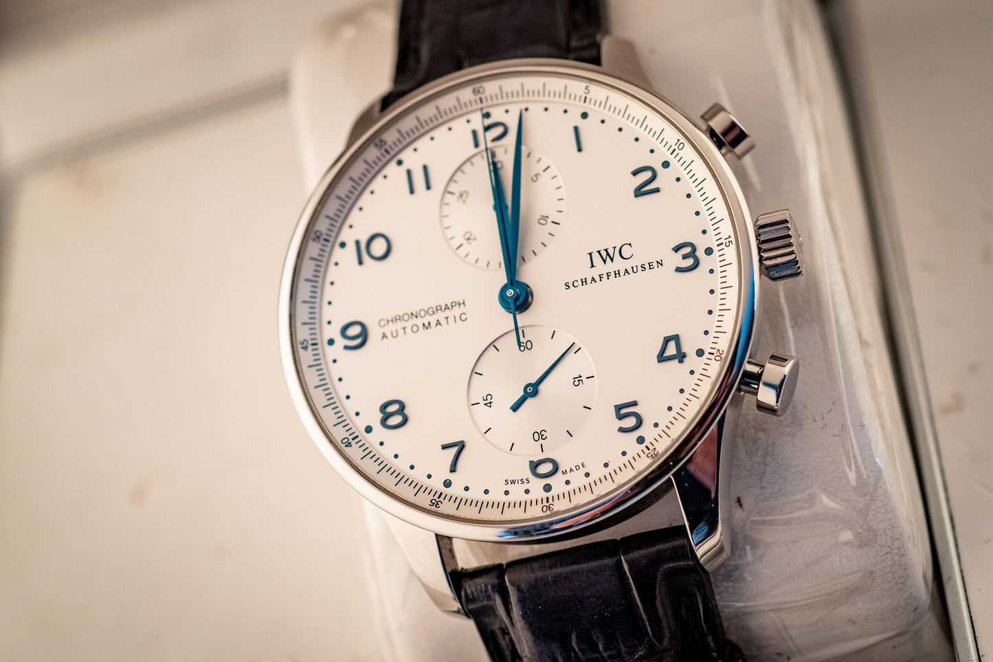 IWC Portuguese Chronograph Black Strap Box And Papers Ref IW371446