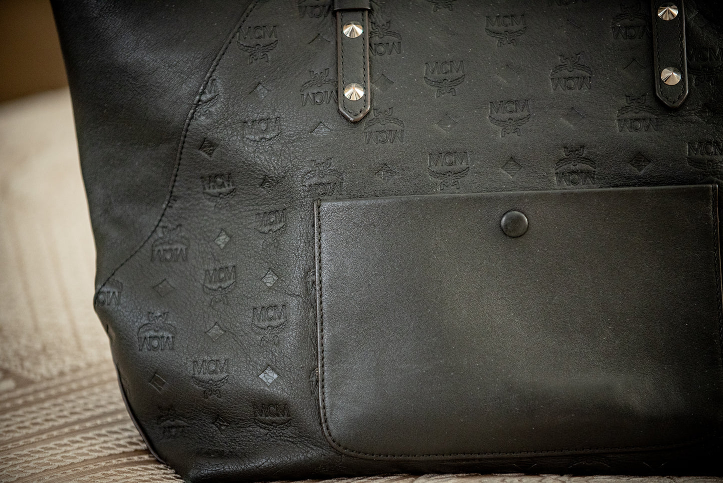 MCM Klara Black Large Monogram Leather Women's Designer Tote Handbag MWP9SKM51