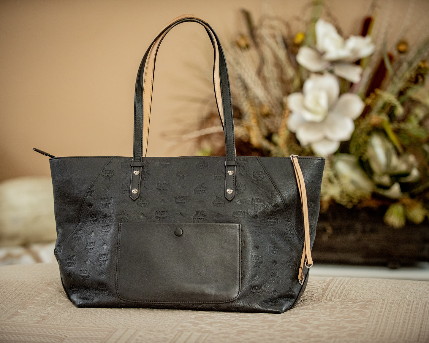 MCM Klara Black Large Monogram Leather Women's Designer Tote Handbag MWP9SKM51