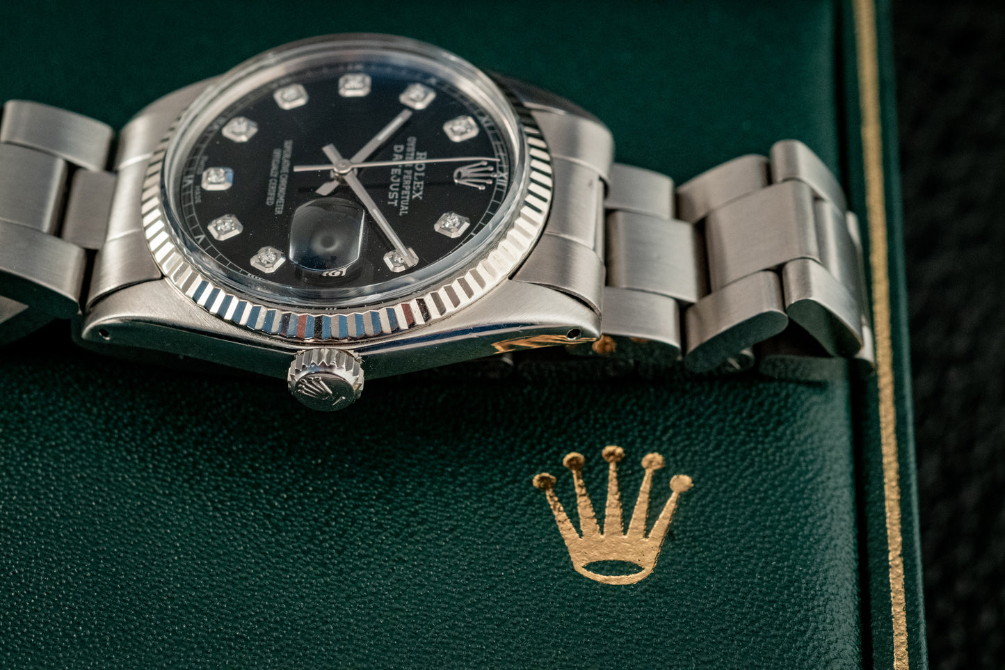 Rolex Datejust 36mm 18K White Gold And Steel Black Diamond Fluted Bezel Ref 1601