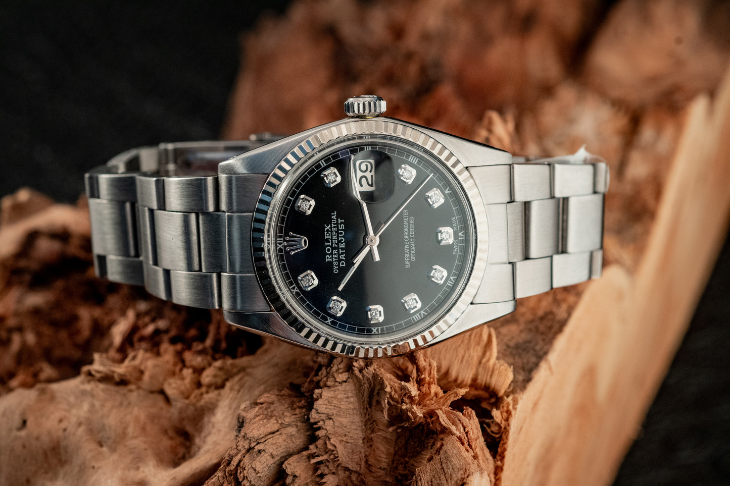 Rolex Datejust 36mm 18K White Gold And Steel Black Diamond Fluted Bezel Ref 1601