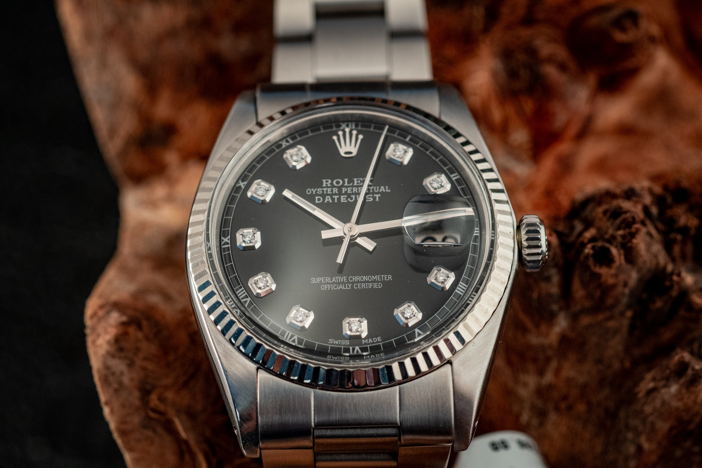 Rolex Datejust 36mm 18K White Gold And Steel Black Diamond Fluted Bezel Ref 1601