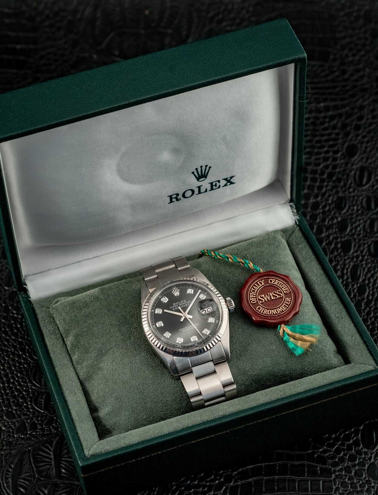 Rolex Datejust 36mm 18K White Gold And Steel Black Diamond Fluted Bezel Ref 1601