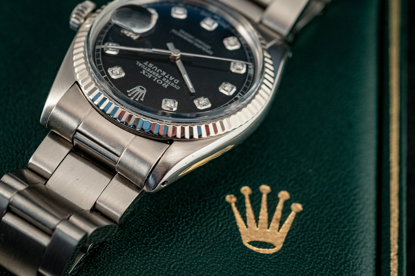 Rolex Datejust 36mm 18K White Gold And Steel Black Diamond Fluted Bezel Ref 1601