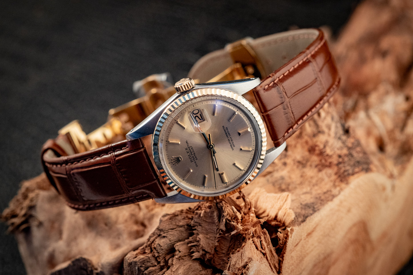 Rolex Datejust 14K Yellow Gold Steel Champagne Brown Leather Band Ref 1601