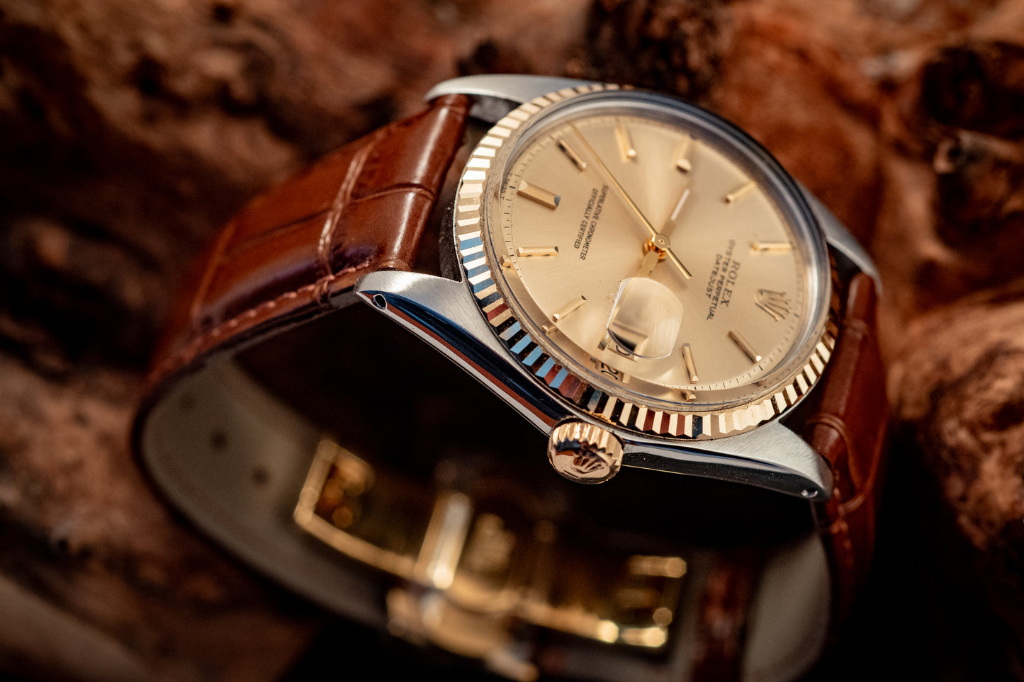 Rolex Datejust 14K Yellow Gold Steel Champagne Brown Leather Band Ref 1601