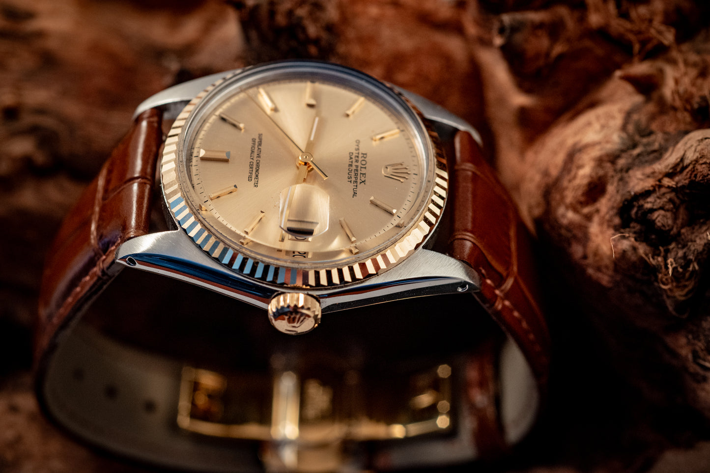 Rolex Datejust 14K Yellow Gold Steel Champagne Brown Leather Band Ref 1601