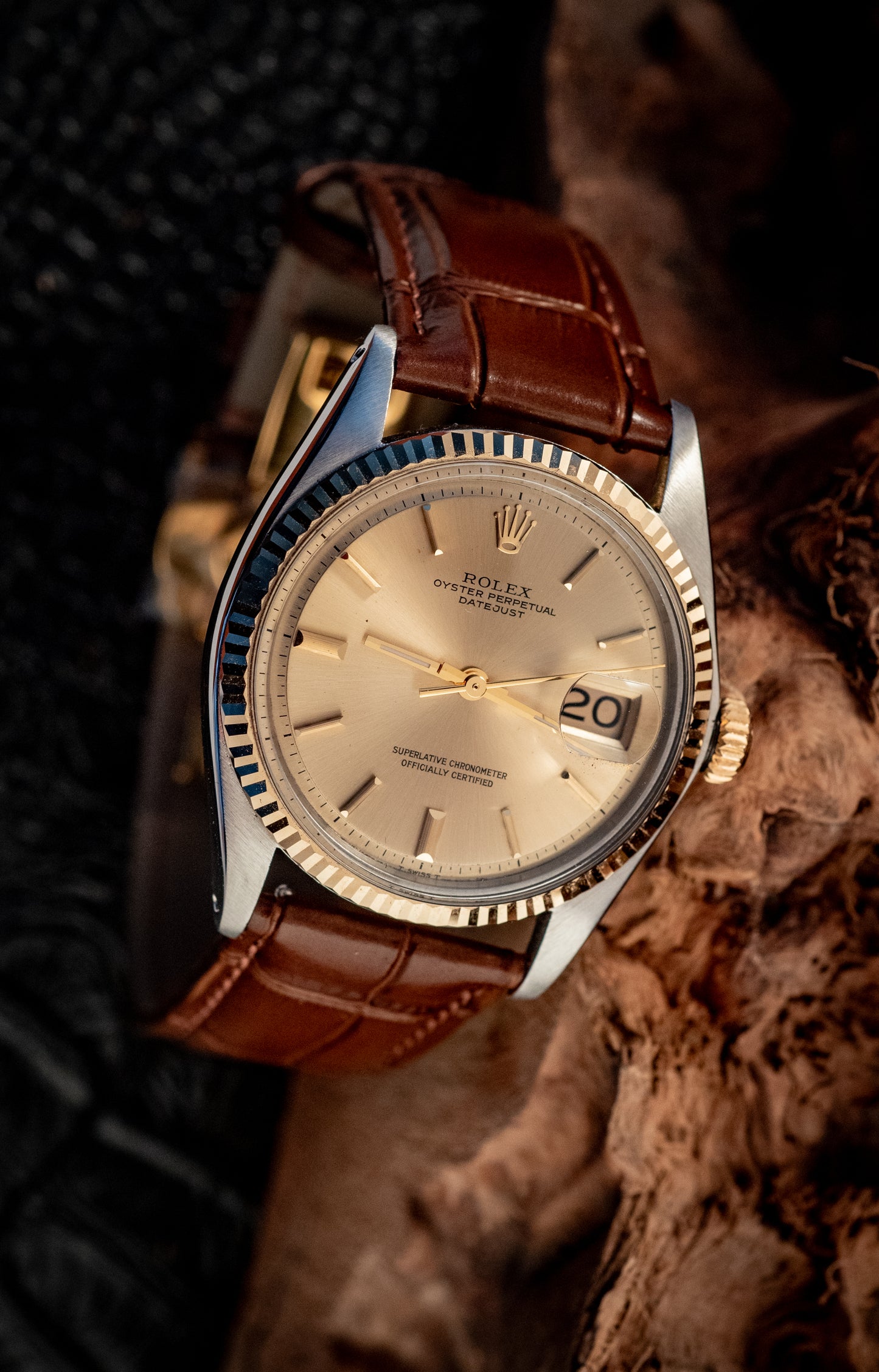 Rolex Datejust 14K Yellow Gold Steel Champagne Brown Leather Band Ref 1601