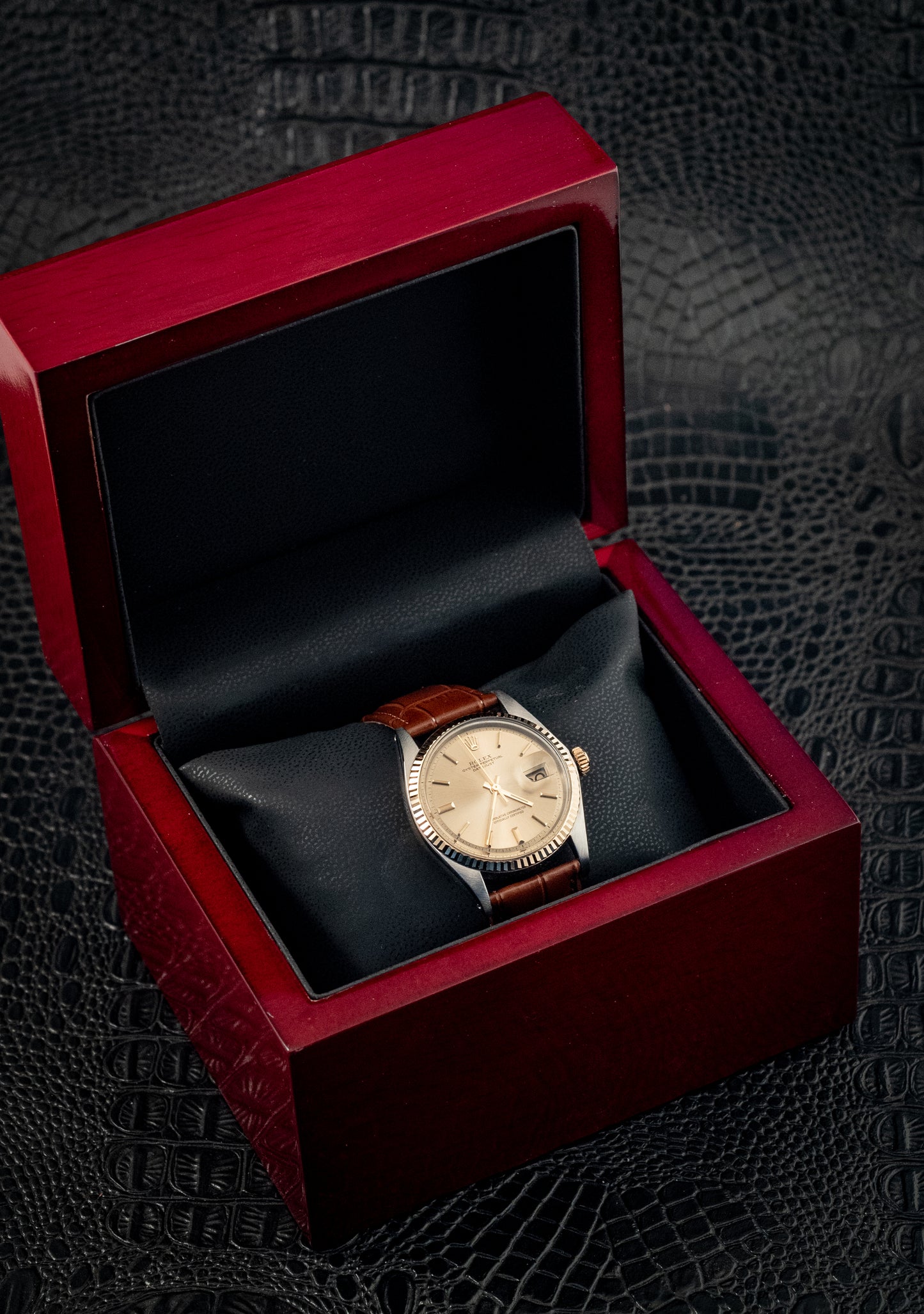 Rolex Datejust 14K Yellow Gold Steel Champagne Brown Leather Band Ref 1601