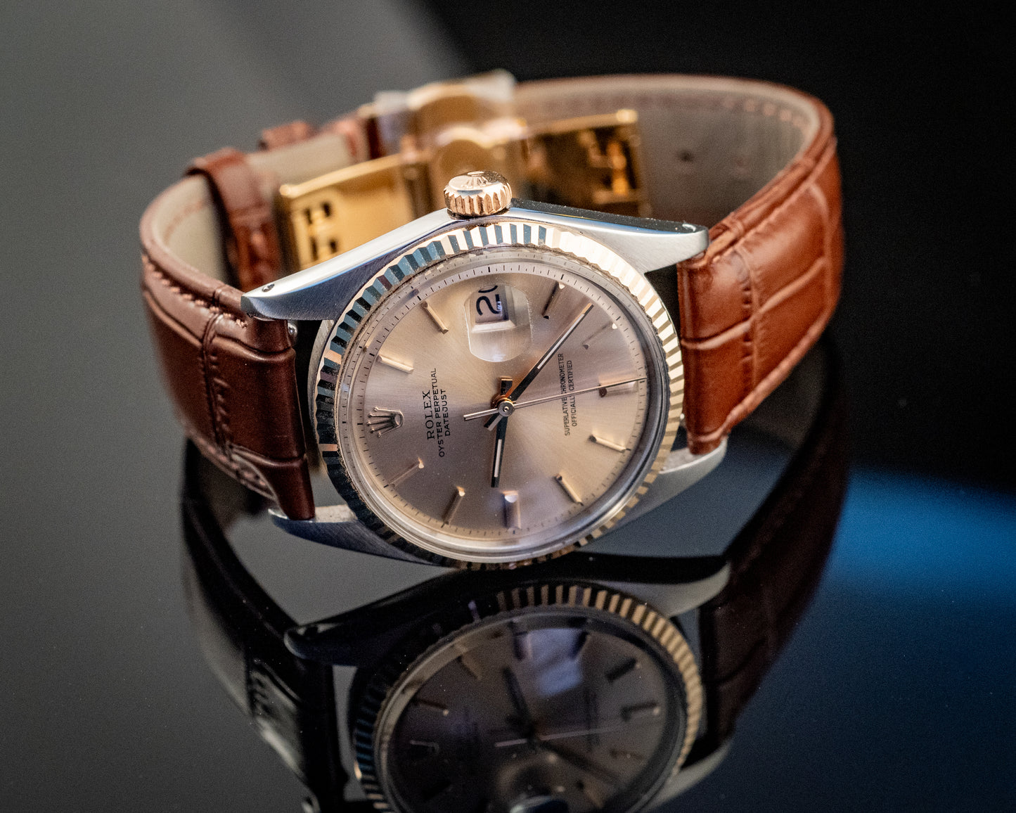 Rolex Datejust 14K Yellow Gold Steel Champagne Brown Leather Band Ref 1601