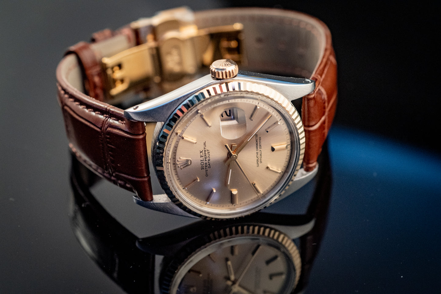 Rolex Datejust 14K Yellow Gold Steel Champagne Brown Leather Band Ref 1601