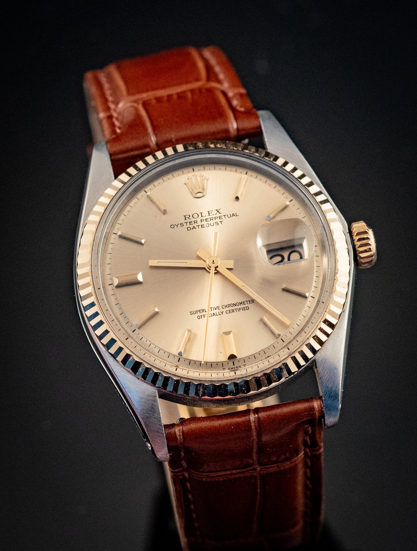 Rolex Datejust 14K Yellow Gold Steel Champagne Brown Leather Band Ref 1601