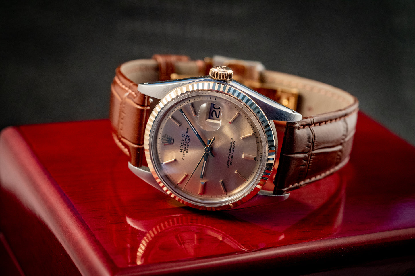 Rolex Datejust 14K Yellow Gold Steel Champagne Brown Leather Band Ref 1601