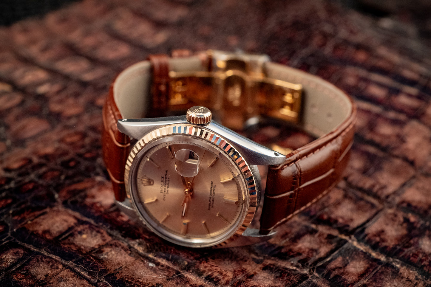 Rolex Datejust 14K Yellow Gold Steel Champagne Brown Leather Band Ref 1601