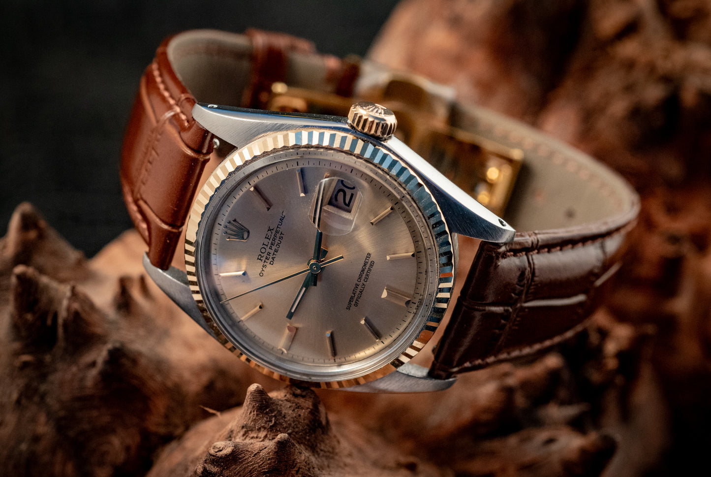 Rolex Datejust 14K Yellow Gold Steel Champagne Brown Leather Band Ref 1601