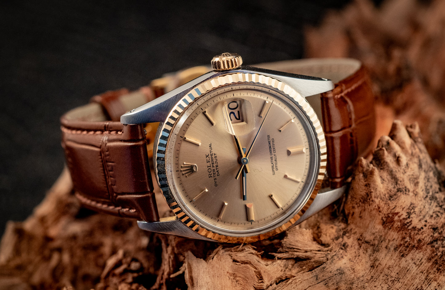 Rolex Datejust 14K Yellow Gold Steel Champagne Brown Leather Band Ref 1601