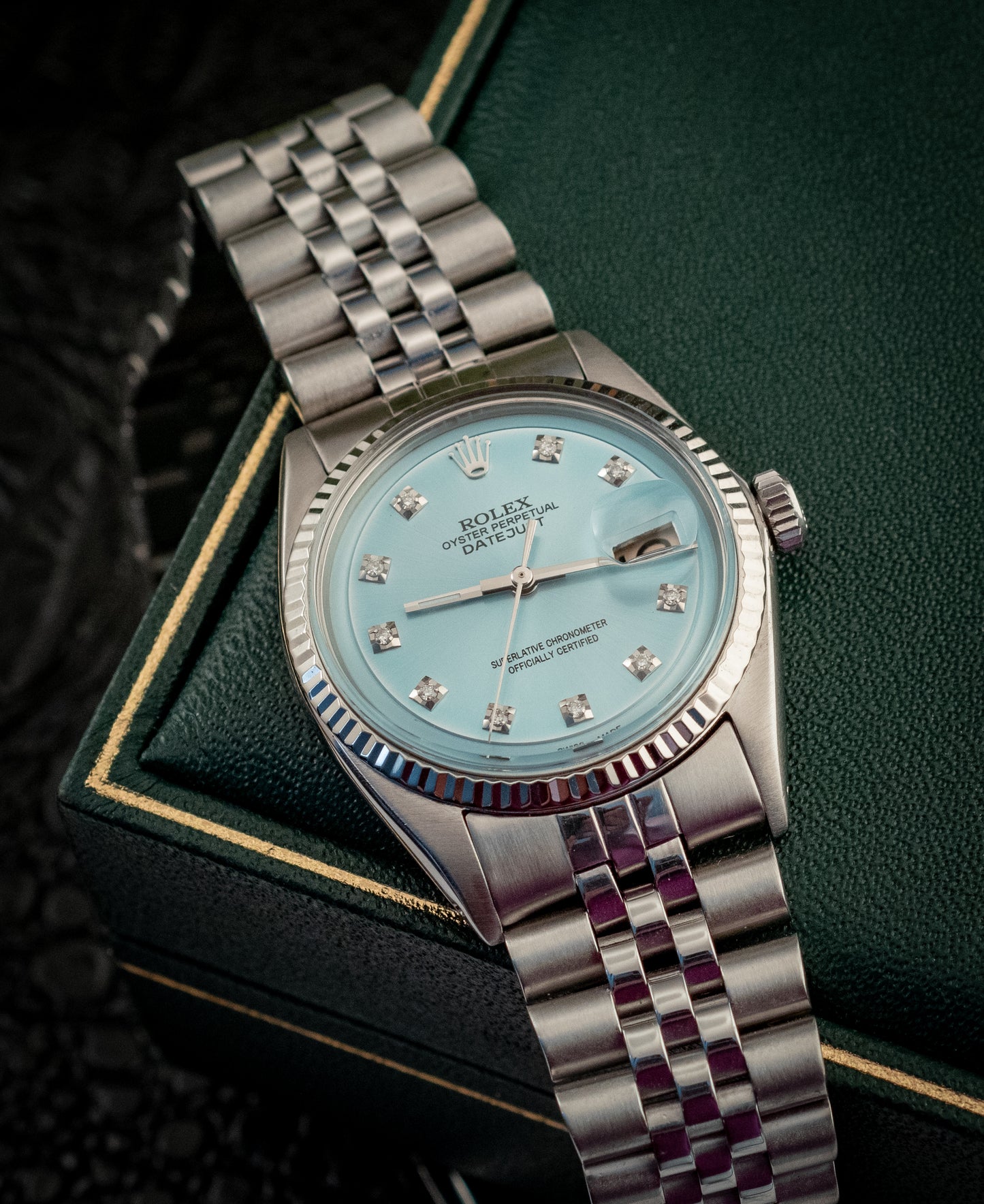 Rolex Datejust 36MM 18K White Gold And Blue Diamond Dial Fluted Bezel Ref 1601
