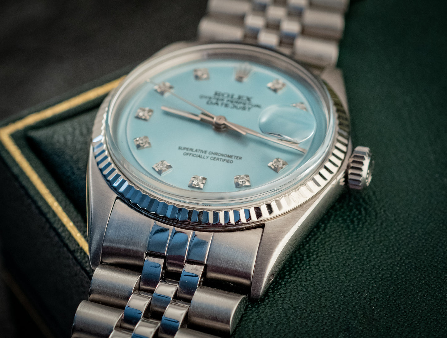 Rolex Datejust 36MM 18K White Gold And Blue Diamond Dial Fluted Bezel Ref 1601
