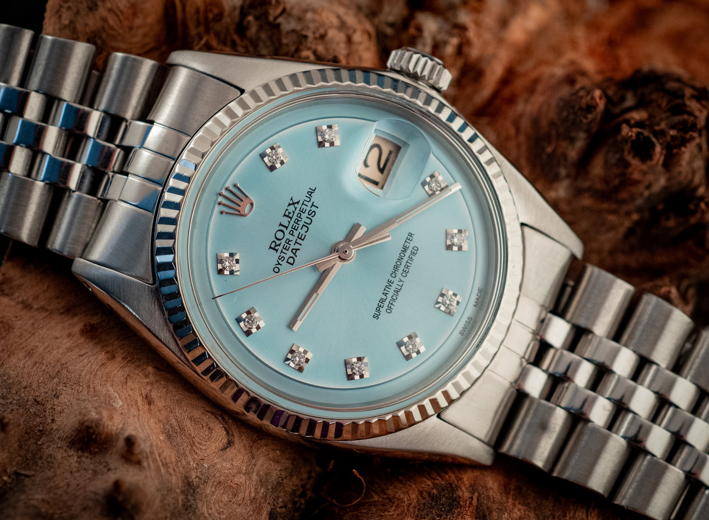 Rolex Datejust 36MM 18K White Gold And Blue Diamond Dial Fluted Bezel Ref 1601