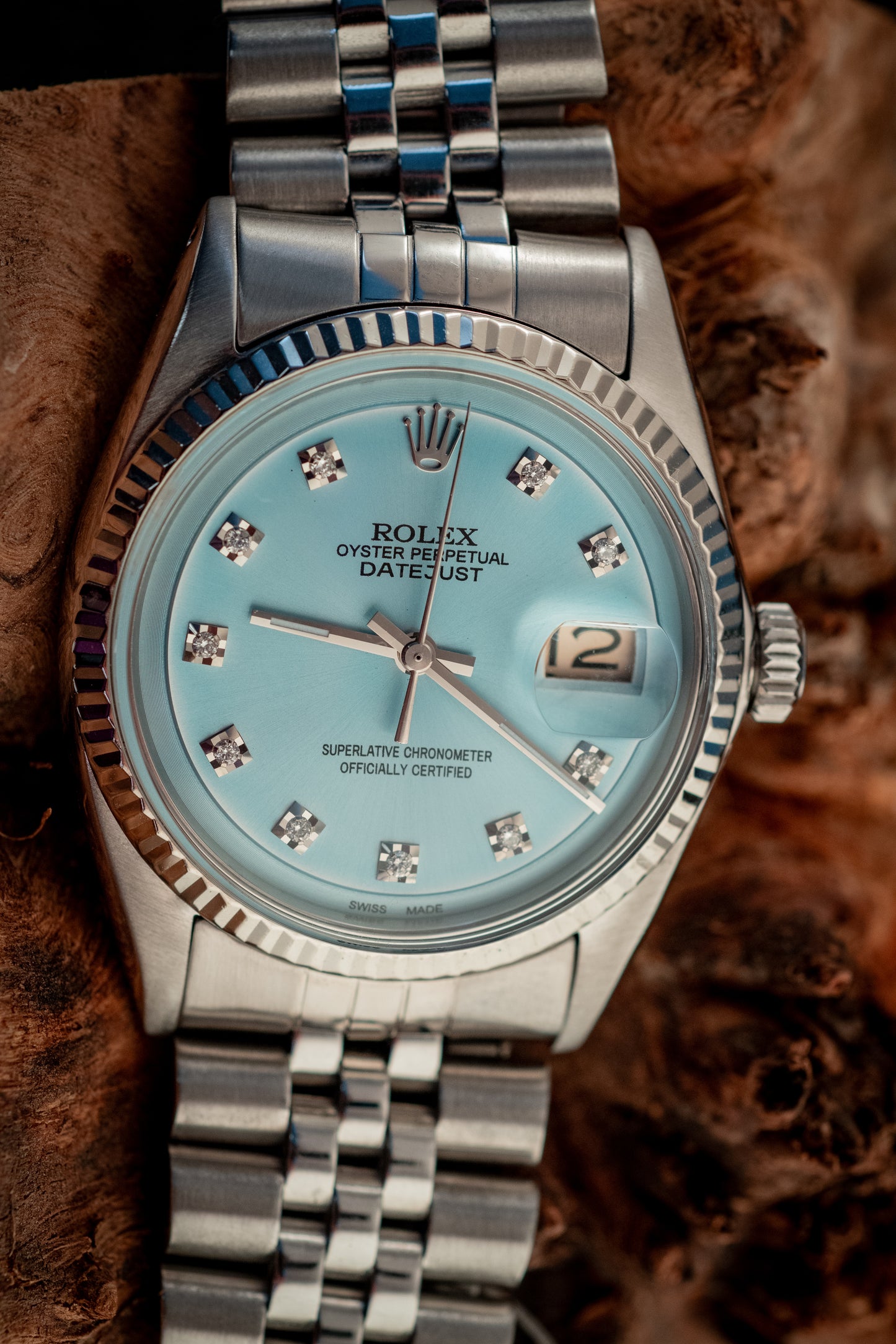 Rolex Datejust 36MM 18K White Gold And Blue Diamond Dial Fluted Bezel Ref 1601