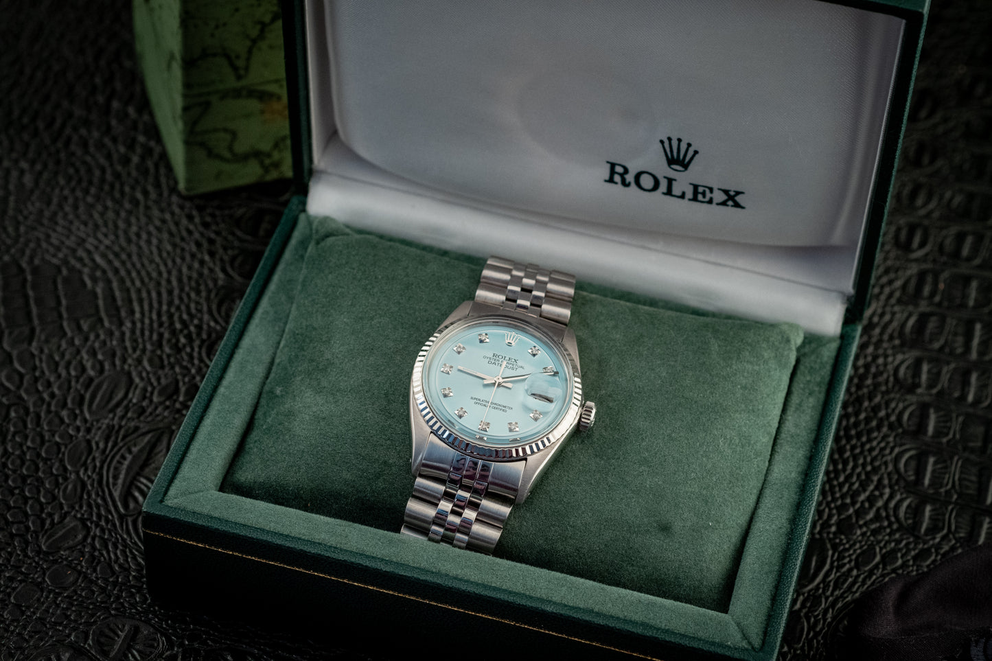 Rolex Datejust 36MM 18K White Gold And Blue Diamond Dial Fluted Bezel Ref 1601