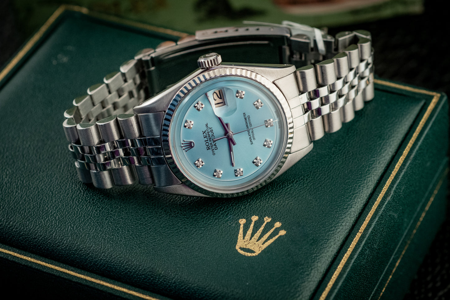 Rolex Datejust 36MM 18K White Gold And Blue Diamond Dial Fluted Bezel Ref 1601