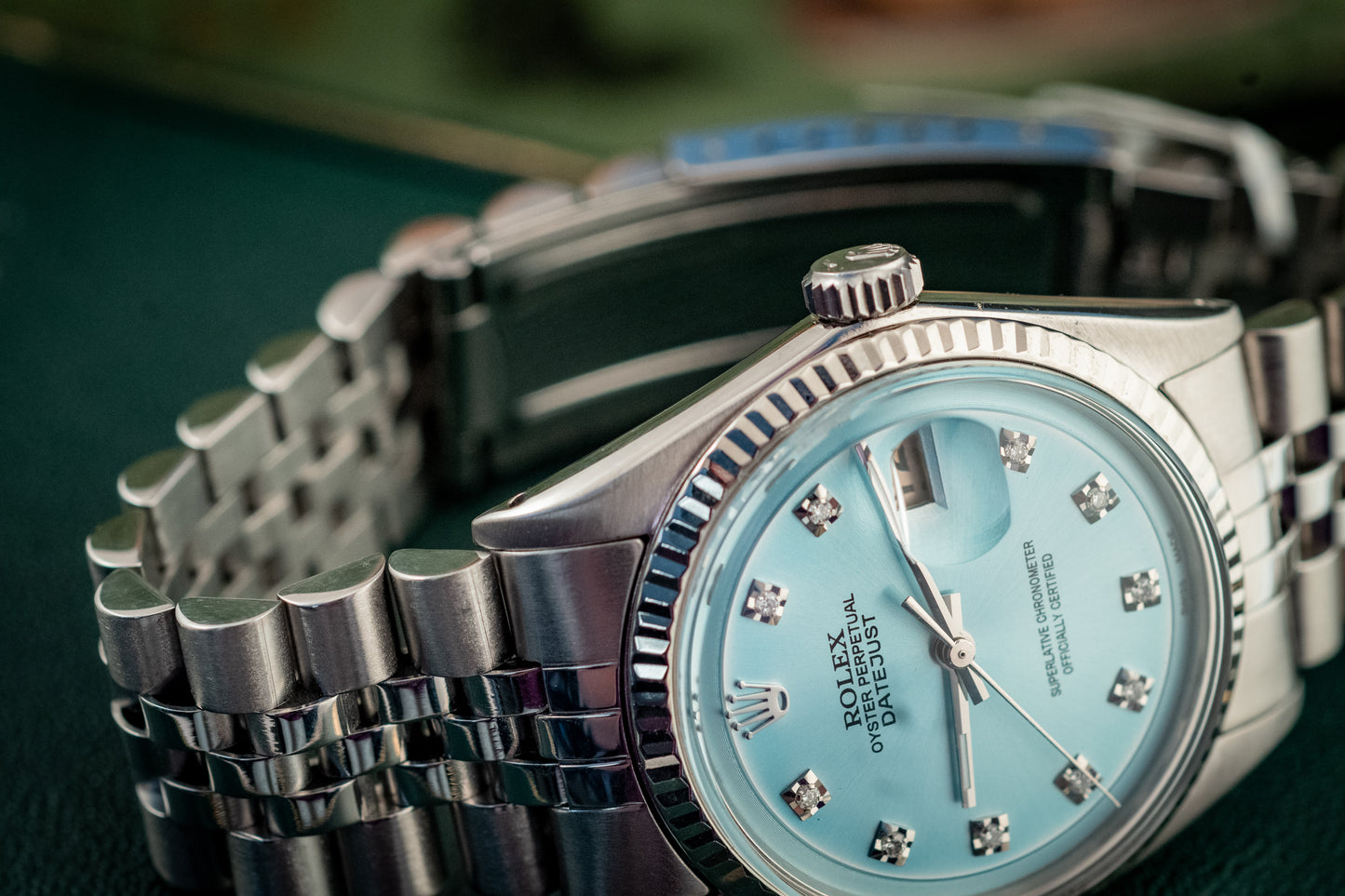 Rolex Datejust 36MM 18K White Gold And Blue Diamond Dial Fluted Bezel Ref 1601